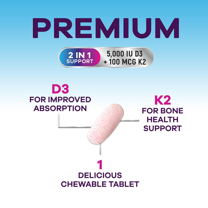 Vitamin D3 K2 - 5000 iu Vitamin D3 & 100 mcg Vitamin K2 (MK-7) Complex for Immune Support - Bone, Teeth & Muscle Health Support - Berry Chewable, Gluten Free, Non-GMO, Made in USA - 120 Tablets