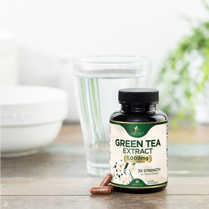 Green Tea Extract Capsules 1000 mg - Standardized 45% EGCG & 98% Polyphenols - 3X Strength Green Tea Pills for Natural Energy - Supports Heart Health, Herbal Supplement, Vegan, Non-GMO - 60 Capsules