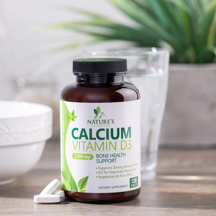 Calcium Supplement with Vitamin D - 1200 mg Calcium Carbonate with 1600 IU of D3 Vitamins - Supports Bone Strength, Teeth & Immune System - Natural & Easily Absorbable for Women & Men - 120 Tablets