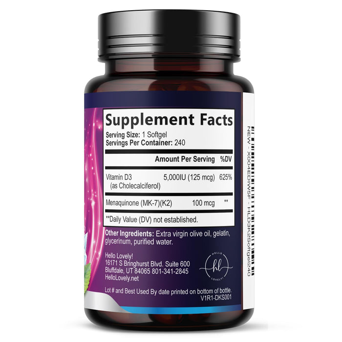 Vitamin D3 K2 - Vitamin D3 (5000 iu) & 100 mcg Vitamin K2 (MK-7) Complex for Immune Support & Bone, Teeth & Muscle Health - Easy to Swallow, Gluten Free, Non-GMO, Bottled in USA - 240 Softgels