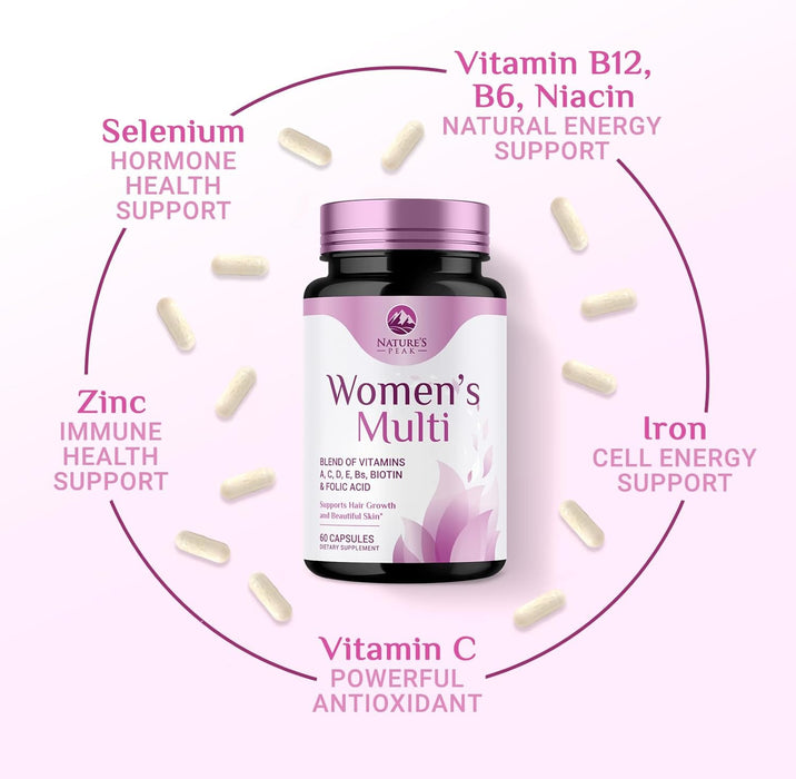 Multivitamin for Women - Complete Daily Womens Multivitamins with Calcium, Folate, Vitamin A, C, D, E & B Vitamins, Zinc and Iron - Multi Vitamins for Bone, Energy & Immune Support - 60 Capsules