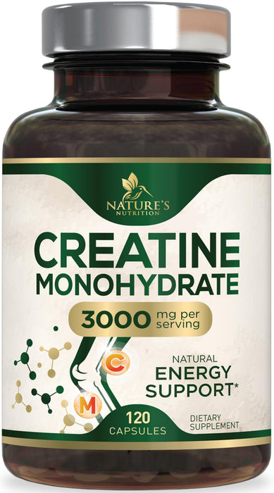 Creatine Monohydrate Capsules 3000mg â€“ Best Micronized Creatine Powder - Supports Lean Muscle, Strength, Energy, & Endurance - Nature's Supplement, Non-GMO, Gluten Free for Women & Men - 120 Capsules