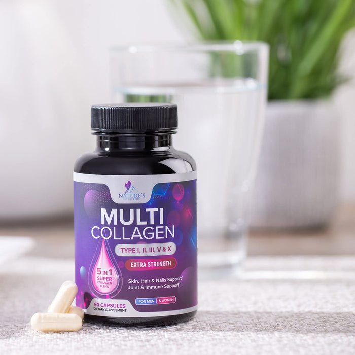 Multi Collagen Peptides Supplement - Hydrolyzed Types I, II, III, V & X Multi Collagen Pills, Hydrolyzed Collagen Peptides Supplements, Hair, Skin, Nail, and Joint Support Supplement, 60 Capsules