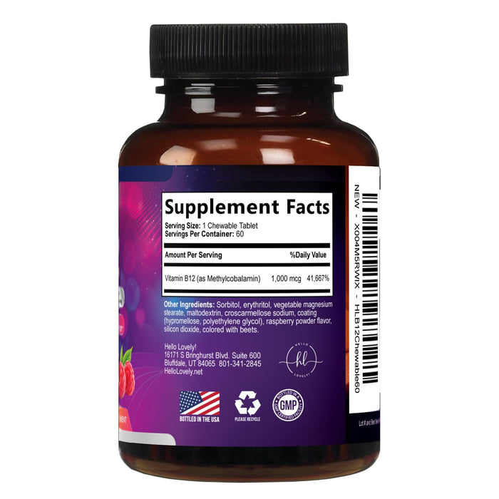 B 12 Vitamin Chewables 1000 mcg - B12 Complex with Heart & Nerve Energy Health Support - Vitamin B-12 Complex for Adults with Immune Health Support - Gluten & Sugar Free - 60 Chewables