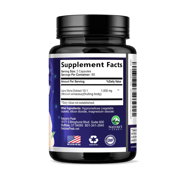 Lions Mane Mushroom Capsules 10,000mg - Lion’s Mane Supplement Capsules for Memory and Focus Support, Brain, Immune Health Support, Vegan, Bottled in USA, Lions Mane Mushroom Powder Extract, 120 Count