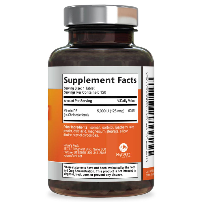 Vitamin D3 5000iu (125 mcg) Immune Health Support - High Potency Vitamin D Dietary Supplement for Bone, Teeth, Muscle - Nature's VIT D, Vegan, Gluten Free, Raspberry Flavor - 120 Chewable Tablets