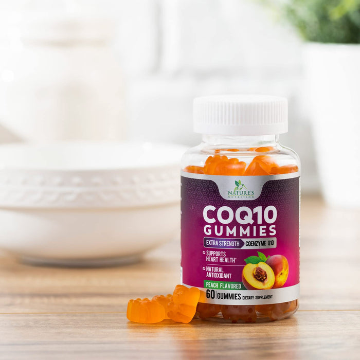 Nature's Nutrition CoQ10 Gummies 100mg â€“ High Absorption Coenzyme Q10 Supplement for Heart Health, Energy & Antioxidant Support â€“ Peach Flavor Gummy, Vegan, Non-GMO, Gluten Free â€“ 60 Count