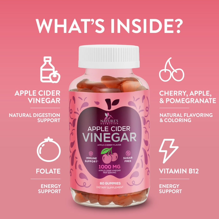 Vegan Apple Cider Vinegar Gummy 1000mg - Sugar Free ACV Gummies Vitamins Supplement with Vitamin B12 for Energy - Supports Digestion, Detox and Cleanse - Gelatin-Free, Non-GMO - 60 Gummies
