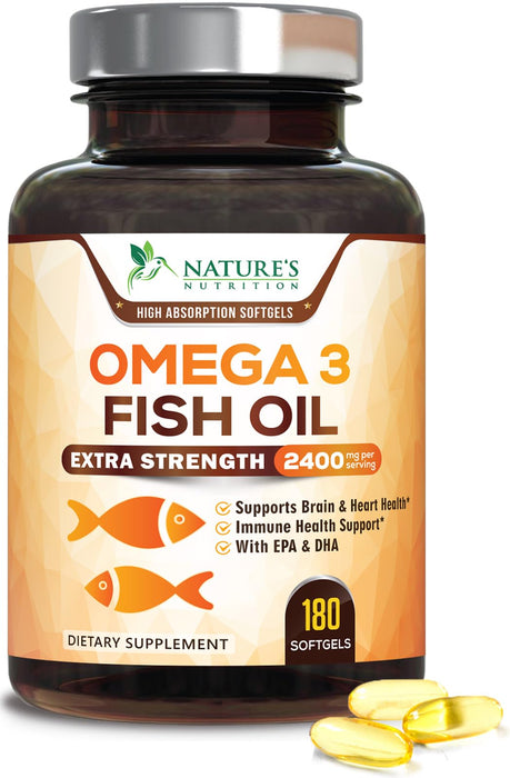 Omega 3 Fish Oil 2400 mg â€“ Triple Strength EPA & DHA Fatty Acids for Heart, Brain & Joint Support â€“ Wild-Caught, Burpless, Lemon Flavor Supplement â€“ Natural, Non-GMO, Gluten-Free â€“ 180 Softgels