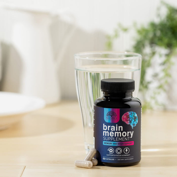 Brain Memory Supplement Pills - Nootropics Support for Concentration, Clarity, Alertness & Focus - Brain Health with Bacopa, Cognitive Vitamins, Phosphatidylserine, DMAE - Brain Booster - 60 Capsules