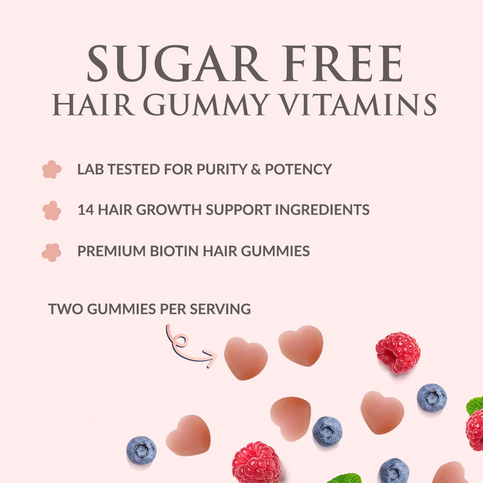 Sugar Free Hair Vitamins Gummies with Biotin 5000 mcg, Vitamin A, B12, C, D, E, Folic Acid, Supports Hair Growth Gummy, Vegetarian Friendly, Supports Strong Beautiful Hair and Nails - 60 Gummies