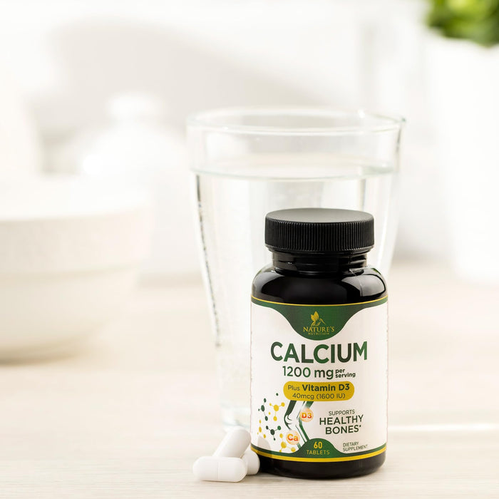 Calcium 1200 mg with Vitamin D3, Calcium Supplement Vitamins, Supports Bone Strength, Teeth & Immune System, Calcium Supplements for Women & Men, Nature's Absorbable Calcium Carbonate - 60 Tablets