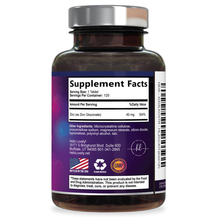 Zinc Supplements for Women and Men - 40mg Supplement for Immune Support, Skin Health Support, & Antioxidant Supplement for Adults, High Potency Zinc Gluconate 40 mg, Non-GMO - 120 Tablets