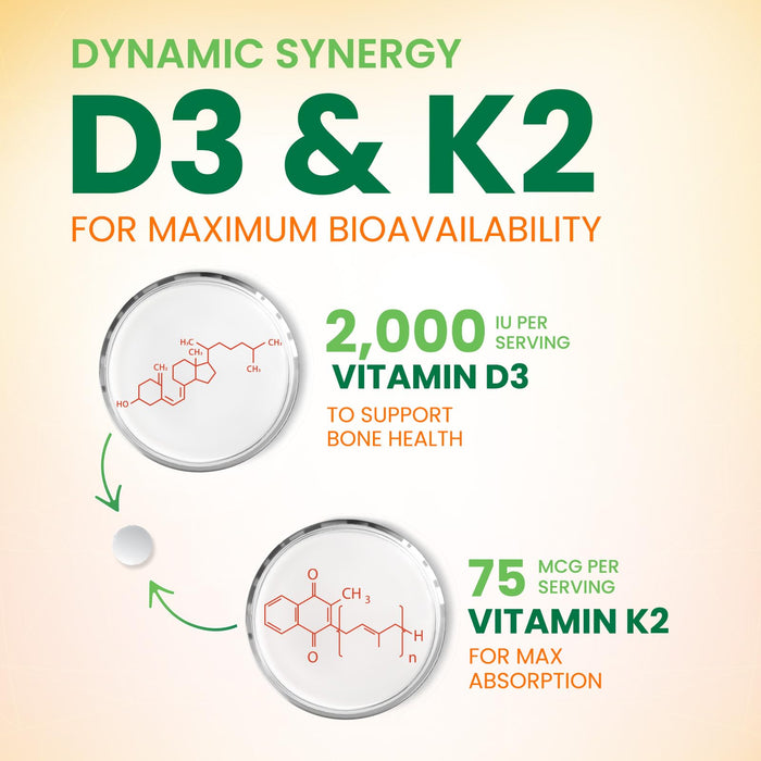 Vitamin D3 K2 2000 IU Plus with K2 (MK-7) 75 mcg - Vitamins D & K Complex Supplement for Bone, Teeth, Muscle, Calcium Absorption, Supports Immune & Heart Health, Non-GMO Chewable Formula - 60 Tablets
