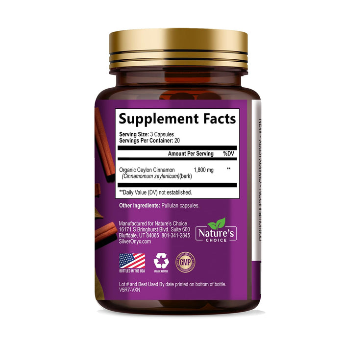 Ceylon Cinnamon Capsules 1800mg - Certified Organic Cinnamon, Bottled in USA, & Pure Extra Strength Ceylon Cinnamon Supplement, Antioxidant Pills, Non-GMO & Gluten Free, Sugar Free - 60 Capsules