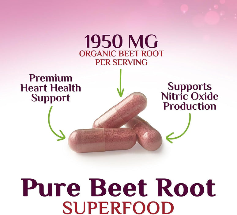 Beet Root Capsules 1950mg - Organic Beetroot Powder in Vegan Capsules - Premium Beet Root Powder Supplement Supports Nitric Oxide Production, Heart Health & Natural Energy - Bottled in USA - 120 Count