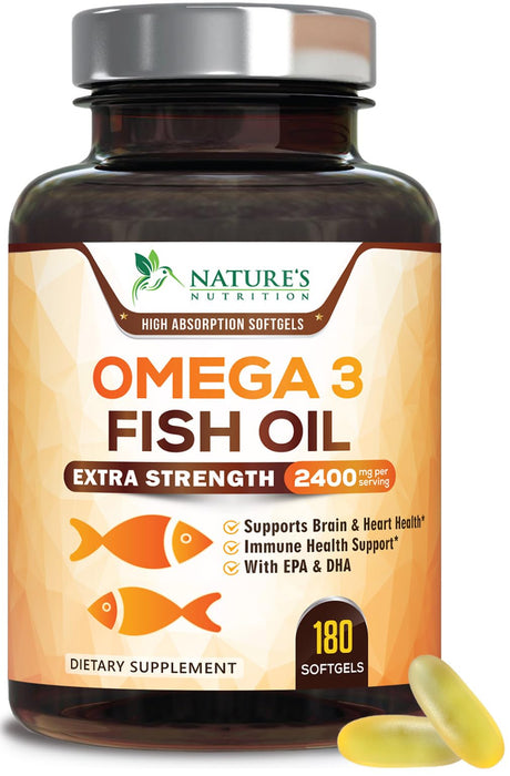 Omega 3 Fish Oil 2400 mg - Triple Strength EPA & DHA Fatty Acids for Heart, Brain & Joint Support Wild-Caught, Burpless, Lemon Flavor Supplement Natural, Non-GMO, Gluten-Free - 180 Softgels
