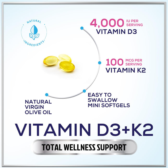 Vitamin D3 K2 - Vitamin D3 (5000 iu) & 100 mcg Vitamin K2 (MK-7) Complex for Immune Support & Bone, Teeth & Muscle Health - Easy to Swallow, Gluten Free, Non-GMO, Bottled in USA - 120 Softgels
