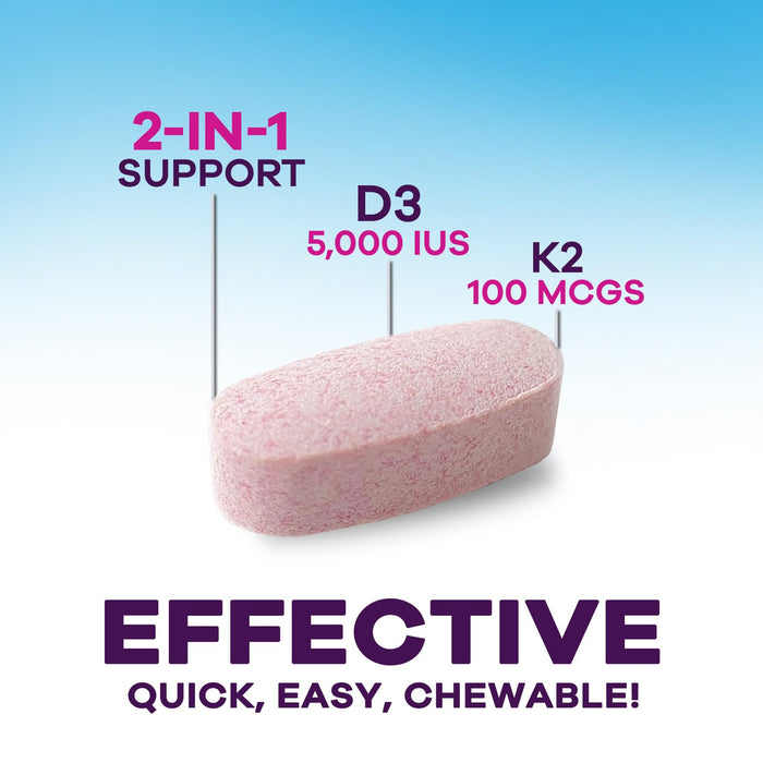 Vitamin D3 K2 - 5000 iu Vitamin D3 & 100 mcg Vitamin K2 (MK-7) Complex for Immune Support - Bone, Teeth & Muscle Health Support - Berry Chewable, Gluten Free, Non-GMO, Made in USA - 120 Tablets