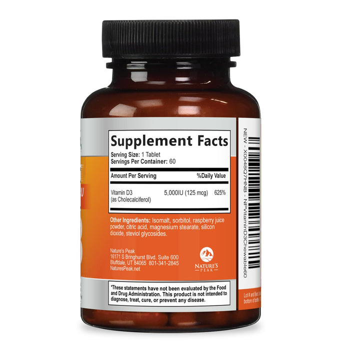 Vitamin D3 5000iu (125 mcg) Immune Health Support - High Potency Vitamin D Dietary Supplement for Bone, Teeth, Muscle - Nature's VIT D, Vegan, Gluten Free, Raspberry Flavor - 60 Chewable Tablets