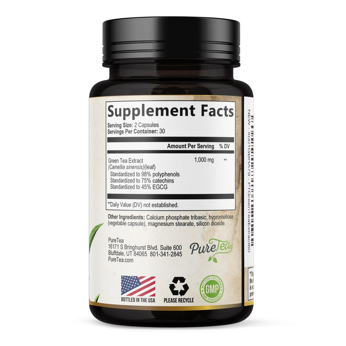 Green Tea Extract Capsules 1000mg with 98% Standardized Polyphenols & 45% EGCG for Heart Support with Antioxidants - 3X Absorption Green Tea Pills for Natural Energy, Gentle Caffeine - 60 Capsules