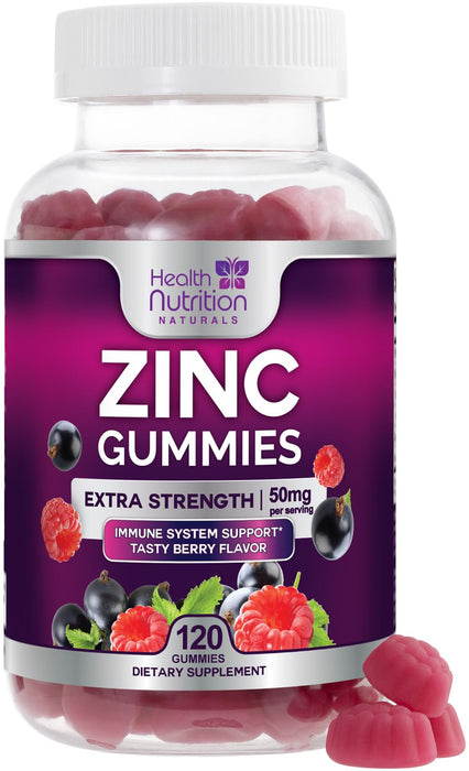 Zinc Supplement 50mg Gummies for Adults - Max Strength Skin Health & Immune Support Gummy, Vegan, Non-GMO & Gluten Free, Natureâ€™s Antioxidant & Bone Health Chewable Tasty Berry Flavor - 120 Gummies