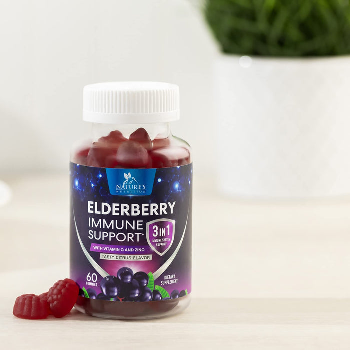 Sambucus Elderberry Immune Support Gummies for Kids & Adults, Elderberry Extract Gummy with Vitamins with Vitamin C, D3, Zinc, Immune Health Support Gummy Supplement, Black Elder Berry - 60 Gummies