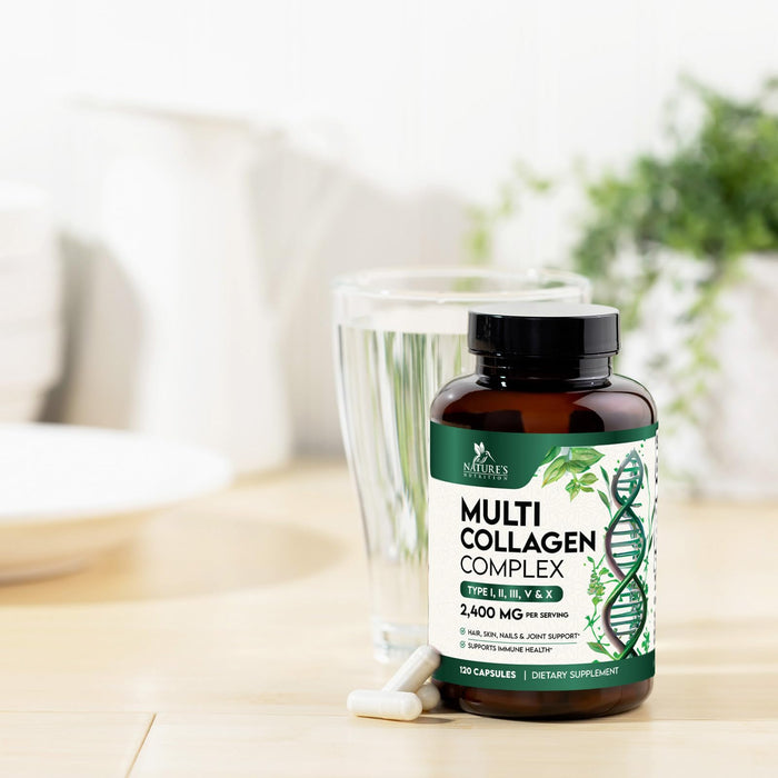 Multi Collagen Peptides Supplement 2400 mg, Types I, II, III, V & X Multi Collagen Pills Complex, Hydrolyzed Collagen Peptides Supplements, Hair, Skin, Nail, and Joint Support Supplement, 120 Capsules