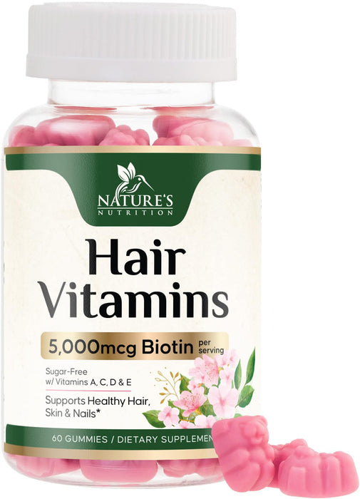 Hair Vitamins Gummies with Biotin 5000 mcg - Stronger, Radiant Hair, Skin & Nails Supplement - Vitamin E & C, Hair Growth Support Vitamin for Women & Men, Non-GMO & Gluten Free - 60 Gummies