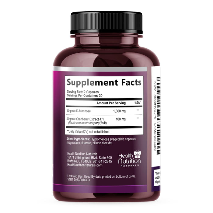 D-Mannose Supplement 1,000mg - with Cranberry, Hibiscus & Dandelion - Fast-Acting, Natural Urinary Tract & Bladder Support for Women & Men – Flush & Cleanse Impurities – Non-GMO, Vegan – 60 Capsules