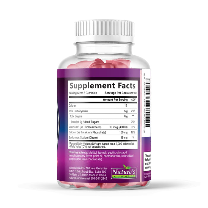 Sugar Free Chewable Calcium Gummy Vitamins - Plus 400 IU Vitamin D3 for Bone, Teeth, & Immune Health Support - Calcium Supplements for Women & Men Daily, Non-GMO, Berry Flavored - 120 Gummies