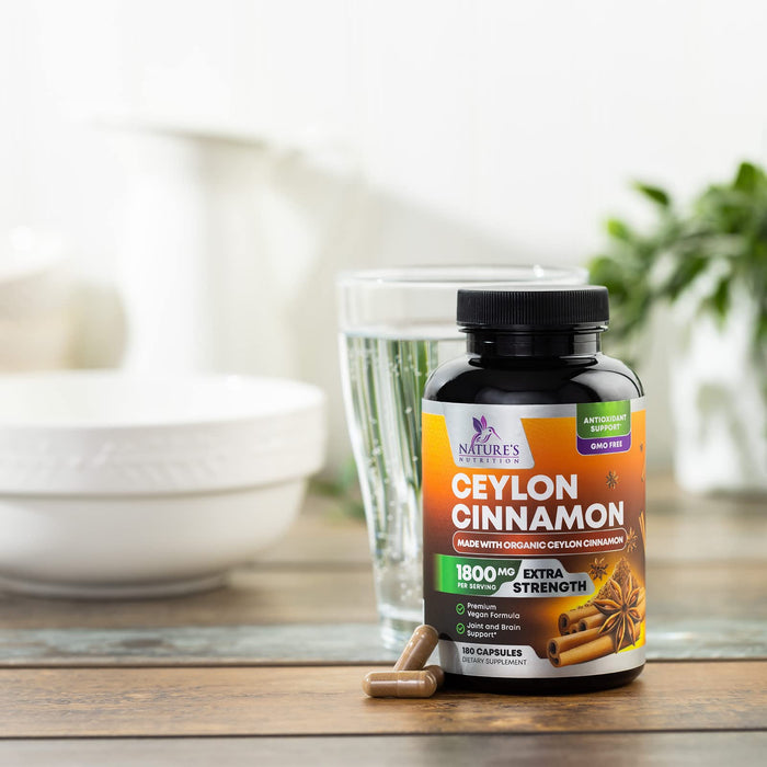 Organic Ceylon Cinnamon Supplement 1800mg - Certified Organic Ceylon Cinnamon Powder Pills - Energy & Heart Support for Women & Men, Bottled in USA, Antioxidant, Gluten Free, Non-GMO - 180 Capsules