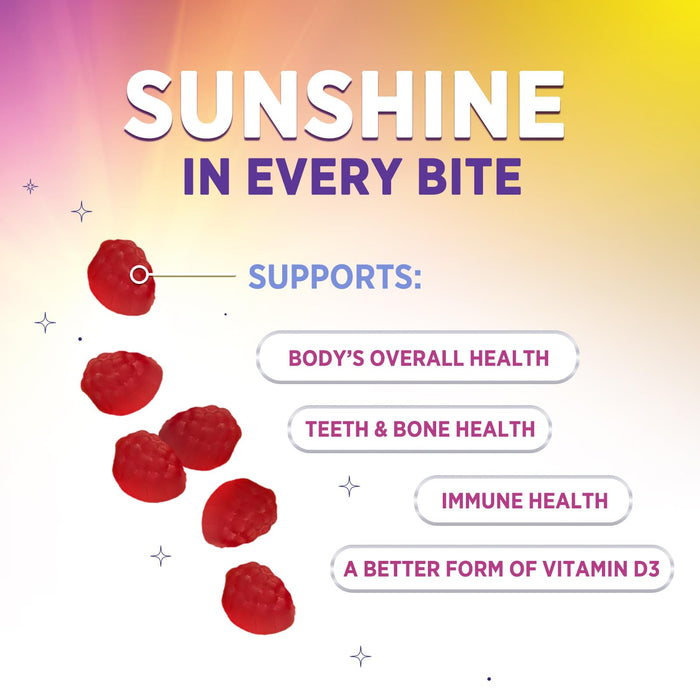 Vitamin D3 Gummies 5000 IU (125 mcg) - Extra Strength Immune Support, Bone, Teeth and Muscle Vitamin D Gummy Dietary Supplement, Nature's Berry D Vitamin Supplement, Raspberry, Non-GMO - 60 Gummies