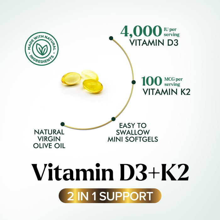 Vitamin D3 + K2 (MK-7) – 5000 IU D3 + 100mcg K2 – 120 Count