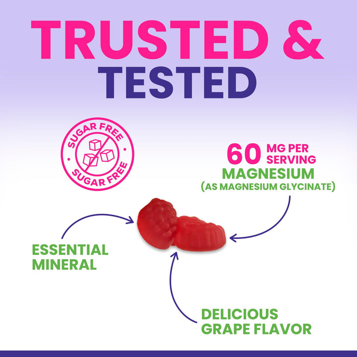 Magnesium Glycinate Supplement Gummies - Magnesium Supplement with Bone Muscle Heart Health & Sleep Support - Gentle on Stomach & Chelated for Max Absorption - Grape Flavor & Sugar Free - 60 Gummies