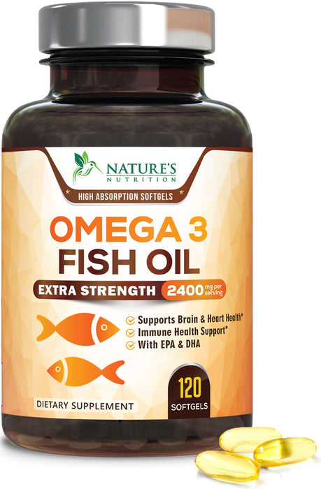 Omega 3 Fish Oil 2400 mg - Triple Strength EPA & DHA Fatty Acids for Heart, Brain & Joint Support Wild-Caught, Burpless, Lemon Flavor Supplement Natural, Non-GMO, Gluten-Free - 120 Softgels