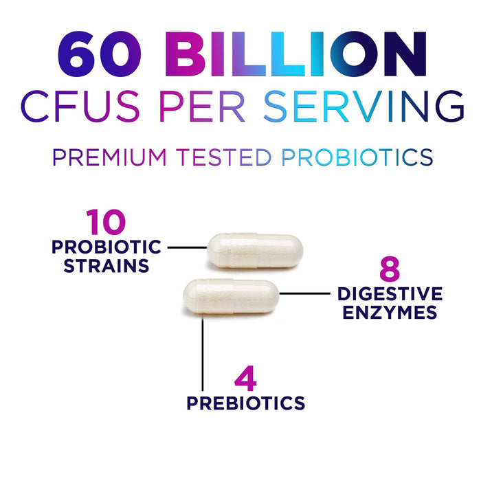 Probiotics 60 Billion CFU - 10 Strains + Digestive Enzymes & Prebiotics - Best Probiotic for Women & Men, Supports Immune, Gut Health, Occasional Constipation, Diarrhea, Gas & Bloating - 60 Capsules