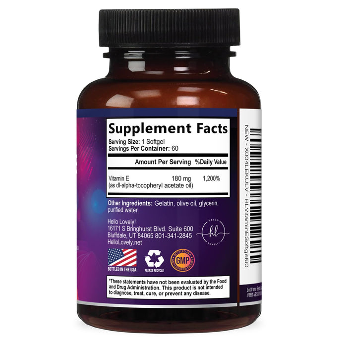 Vitamin E for Women and Men - 180 mg (400 IU) dl-Alpha - Powerful Antioxidant Dietary Supplement - Hair, Skin, & Immune Health Support - Easily Absorbed Form, Non-GMO & Gluten Free - 60 Softgels