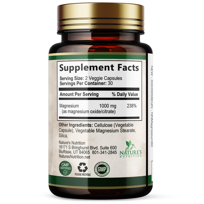 Magnesium Supplement (Citrate Oxide) 1000mg for Best Absorption, Supports Bone, Heart Health, Nerves, Muscles & Metabolism, Nature's Pure Magnesio Vitamin Pills, Bottled in USA, 60 Capsules