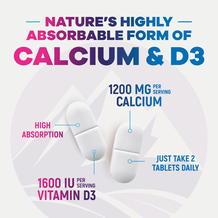 Calcium 1200 mg with Vitamin D3 (1600 IU), Calcium Supplement Vitamins, Bone, Teeth & Immune Health Support, Calcium Supplements with D for Women & Men, Nature's Absorbable Carbonate - 120 Tablets