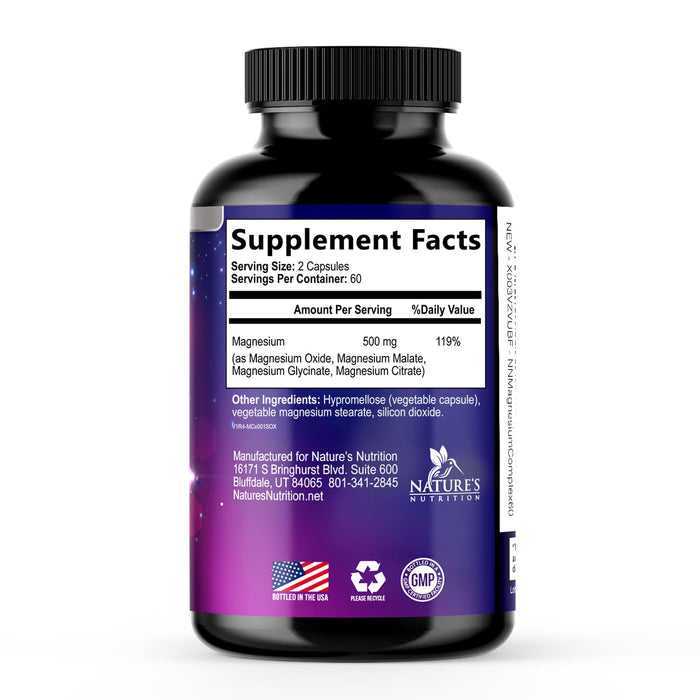 Magnesium Complex Supplement 500 mg - 4 in 1 High Absorption Chelated Magnesium Glycinate, Malate, Citrate, Oxide, Aquamin - Non-GMO Magnesio Capsules, Bone Muscle & Heart Health Support, 120 Capsules