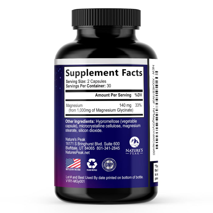 Magnesium Glycinate Supplement Pure 1000 mg Chelated for Max Absorption - Supports Bone, Muscle, Nerve & Heart Health, Sleep Support - Best Magnesium Pills for Whole Body Support - 60 Capsules