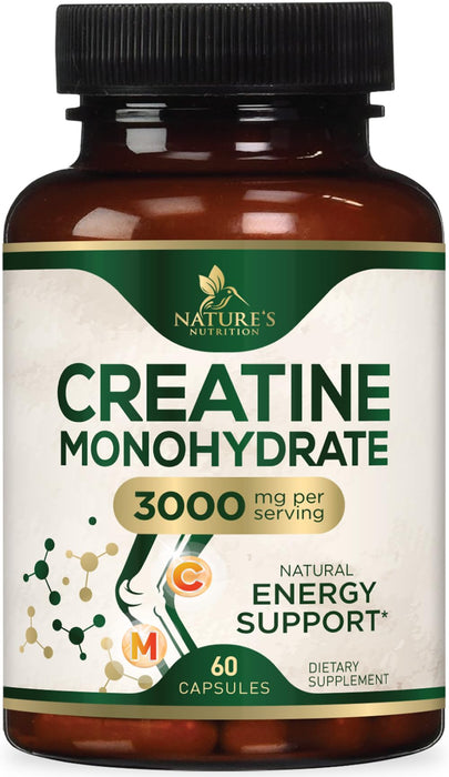 Creatine Monohydrate Capsules 3000mg â€“ Best Micronized Creatine Powder - Supports Lean Muscle, Strength, Energy, & Endurance - Nature's Supplement, Non-GMO, Gluten Free for Women & Men - 60 Capsules