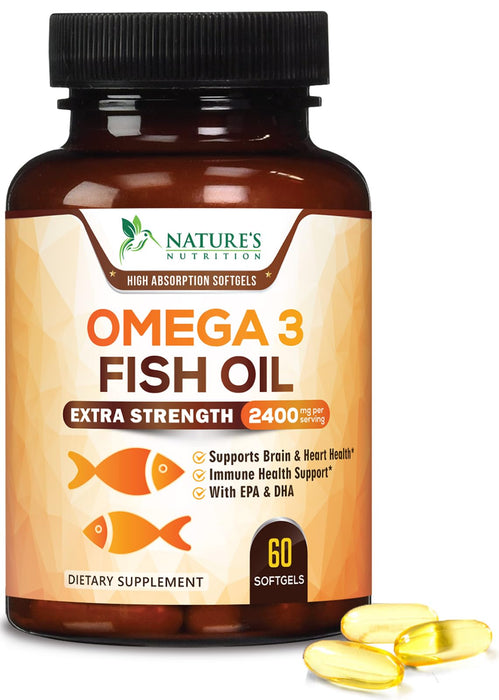 Omega 3 Fish Oil 2400 mg - Triple Strength EPA & DHA Fatty Acids for Heart, Brain & Joint Support Wild-Caught, Burpless, Lemon Flavor Supplement Natural, Non-GMO, Gluten-Free - 60 Softgels