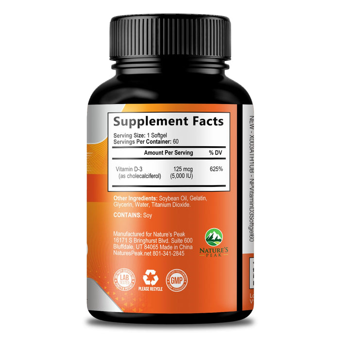 Vitamin D3 5000 IU Softgels (125 mcg) - Extra Strength Vitamins D-3 Dietary Supplement for Bone, Teeth, Muscle Health & Immune Support, Rapid Absorbtion Mini D Softgel, Non-GMO, Gluten Free - 60 Count