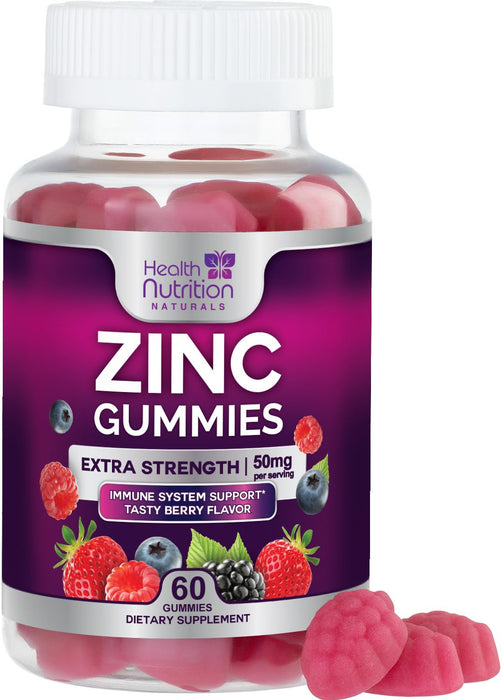 Zinc Supplement 50mg Gummies for Adults - Max Strength Skin Health & Immune Support Gummy, Vegan, Non-GMO & Gluten Free, Natureâ€™s Antioxidant & Bone Health Chewable Tasty Berry Flavor - 60 Gummies
