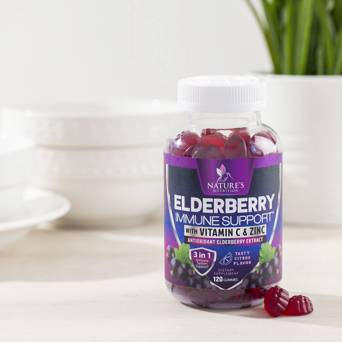 Immune Support Gummies - Sambucus Elderberry Gummy with Elder Berry Extract, Zinc & Vitamin C, Natural Vegan Immune Support Supplement for Adults & Children, Gummy Elderberry Vitamins - 120 Gummies