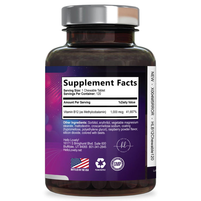 B 12 Vitamin Chewables 1000 mcg - B12 Complex with Heart & Nerve Energy Health Support - Vitamin B-12 Complex for Adults with Immune Health Support - Gluten & Sugar Free - 120 Chewables