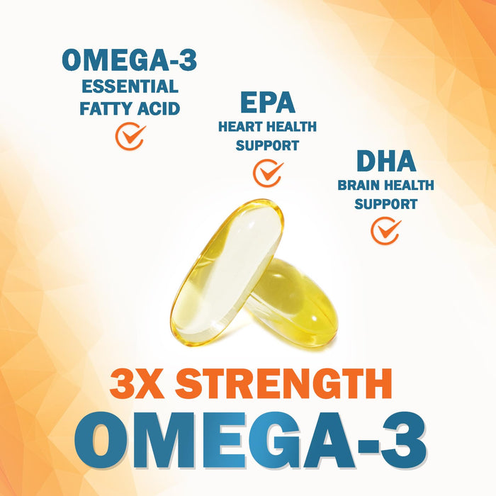 Omega 3 Fish Oil 2400 mg - Triple Strength EPA & DHA Fatty Acids for Heart, Brain & Joint Support Wild-Caught, Burpless, Lemon Flavor Supplement Natural, Non-GMO, Gluten-Free - 120 Softgels