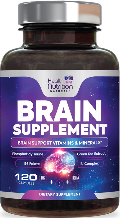 Brain Supplements for Memory and Focus - Extra Strength Nootropic Capsules for Concentration, Alertness, Cognitive Support - Phosphatidylserine, Brain Health Vitamins B6 C E Zinc - 60 Capsules
